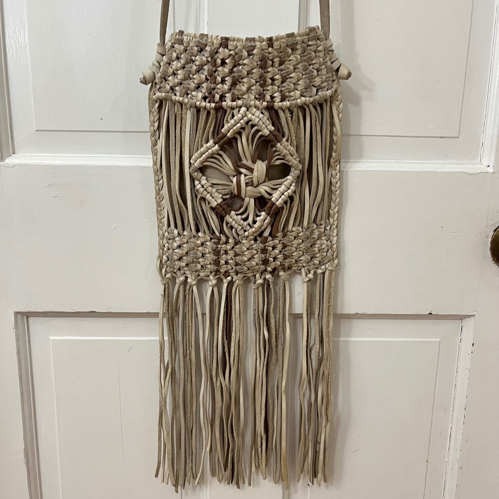 Lucky Brand Fringed Macrame Leather Crossbody Bag Boho Western Festival Hippie - Picture 2 of 8